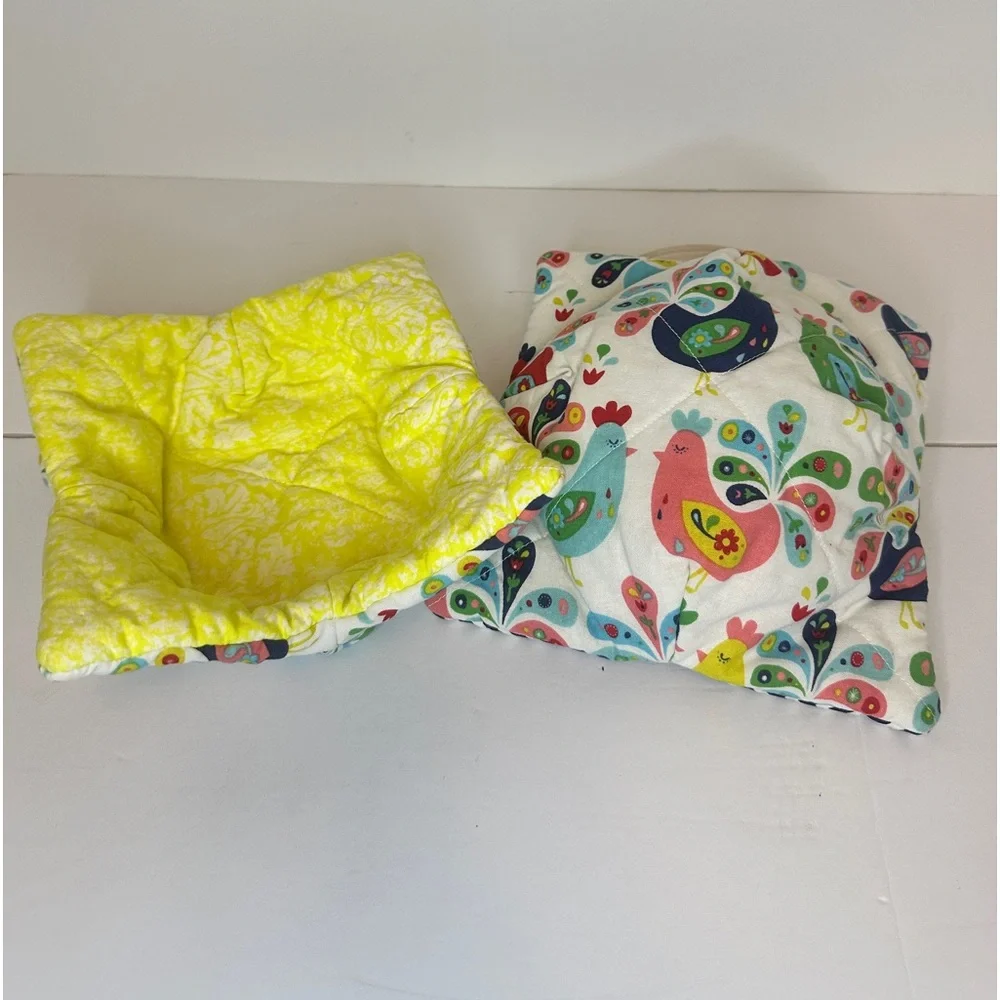 HAND CRAFTED Colorful Roosters Cotton Microwave Bowl Cozies Set of 2